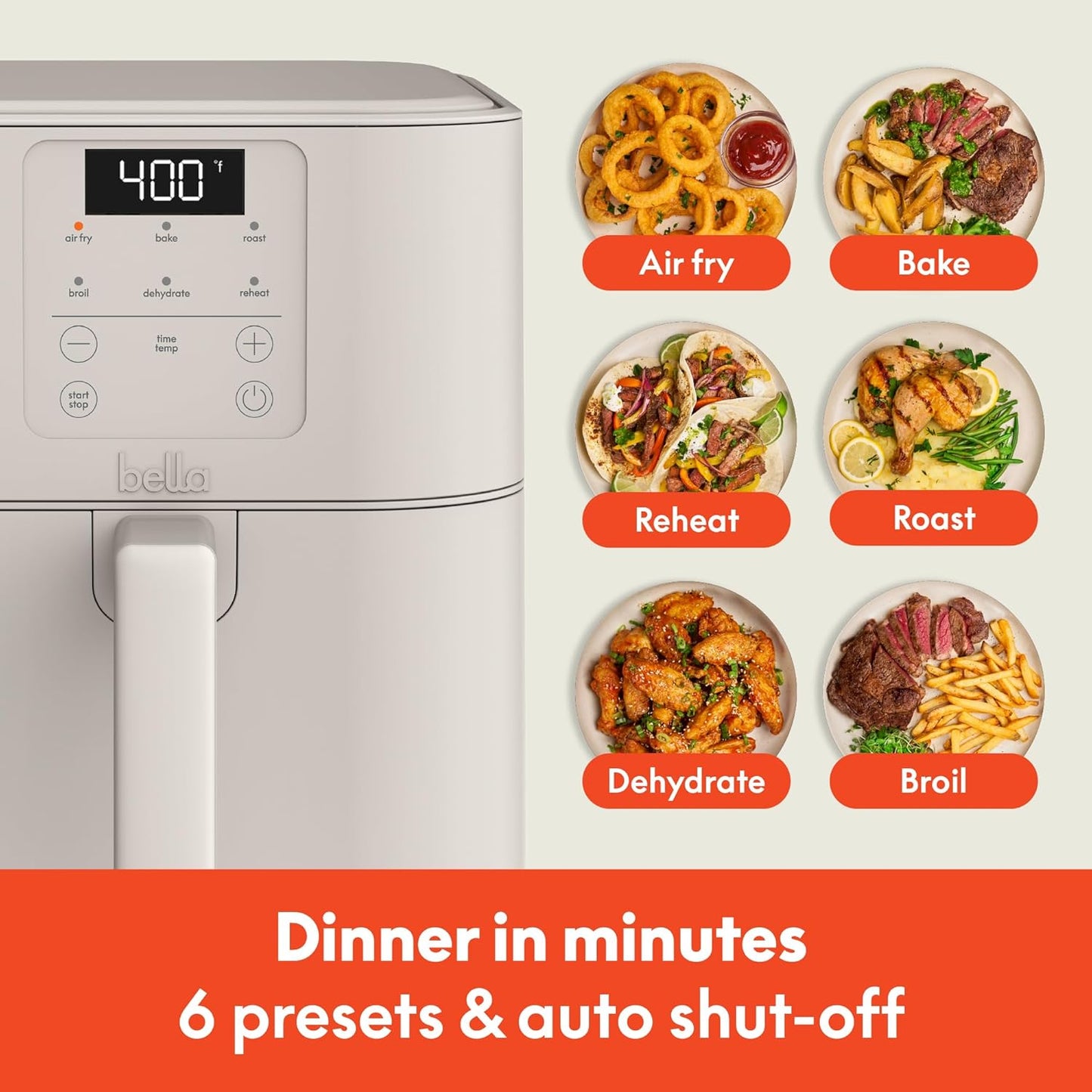 bella 4Qt Slim Air Fryer, Fits-anywhere Kitchenware, EverGood Ceramic Nonstick Coating, Adjustable Temperature, 6 Preset Cooking Options, 60 Min Auto Shutoff w Audible Tone, 3.3lb Capacity, Surf