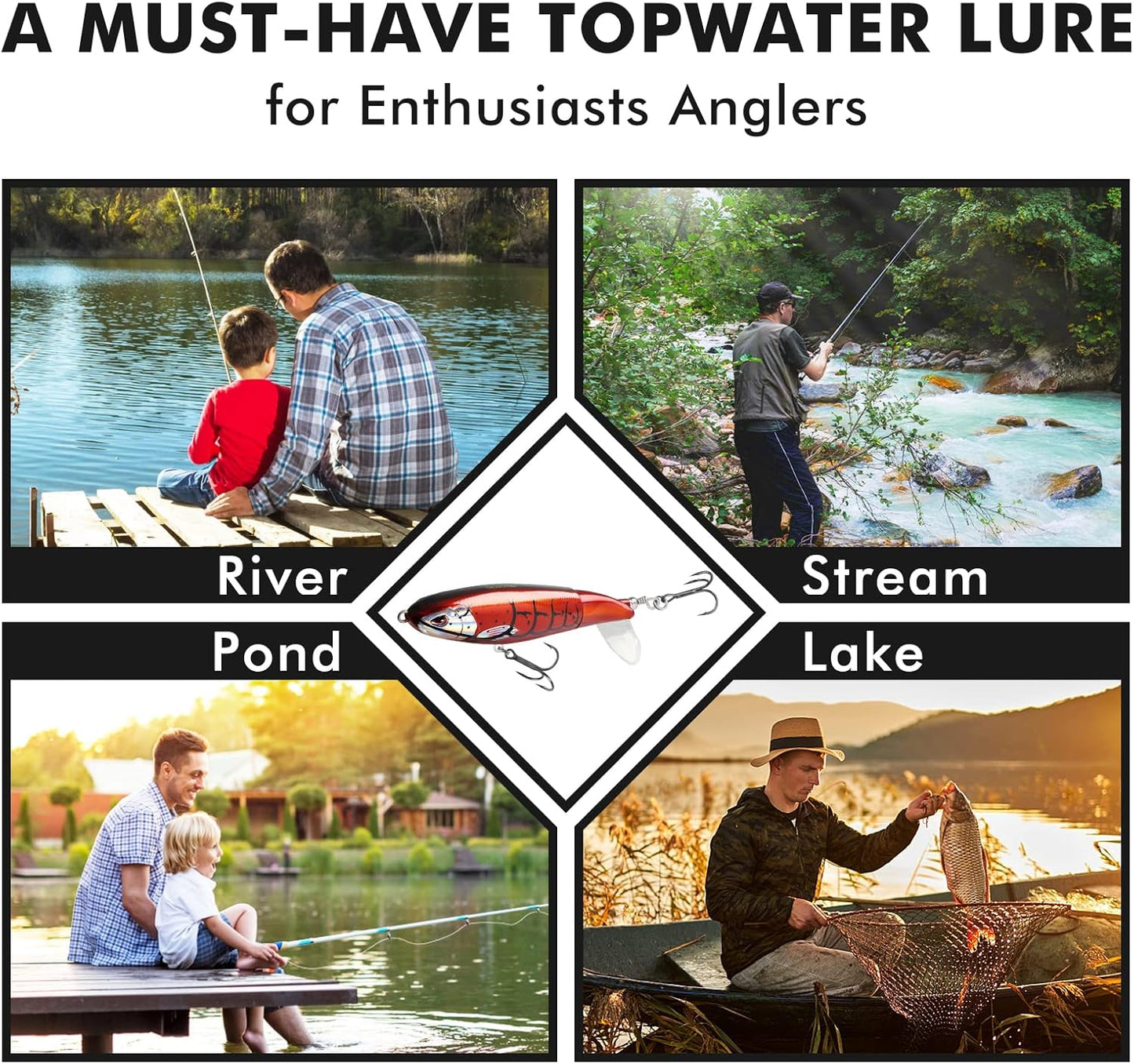 TRUSCEND PoPobait with BKK Hooks, Top Water Plopper Fishing Lures for Bass Walleye Pike Catfish Musky Perch, Floating Lure for Freshwater or Saltwater, Amazing Teasers Fishing Gifts for Family Fishing