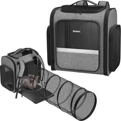 Cat Carrier Backpacks Pawtners Expandable Cat Backpack with Breathable Mesh, Pet Carrier Backpack for Cats Small Dogs Puppies Up to 25 LBS, Dog Carrier Backpack for Travel Hiking Camping Outdoor