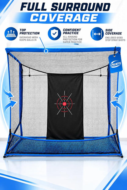 Golf Hitting Net with Extra Striking Net, 10x7ft Heavy Duty Golf Practice Net for Golfer Backyard Driving Swing, Golf Impact Net Cage Metal Frame with Storage Bag and Elevated Base (Blue)