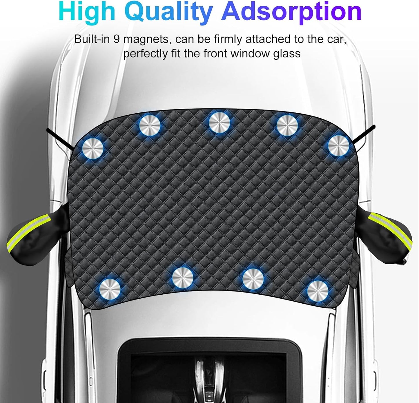 Windshield Snow Cover – Magnetic Car Snow Windscreen Cover & Sunshade – 9 Strong Magnets + Side Wing Mirror Covers – Frost Guard for Cars, SUVs & Trucks (Black, 145 × 118 cm) - PuriLite