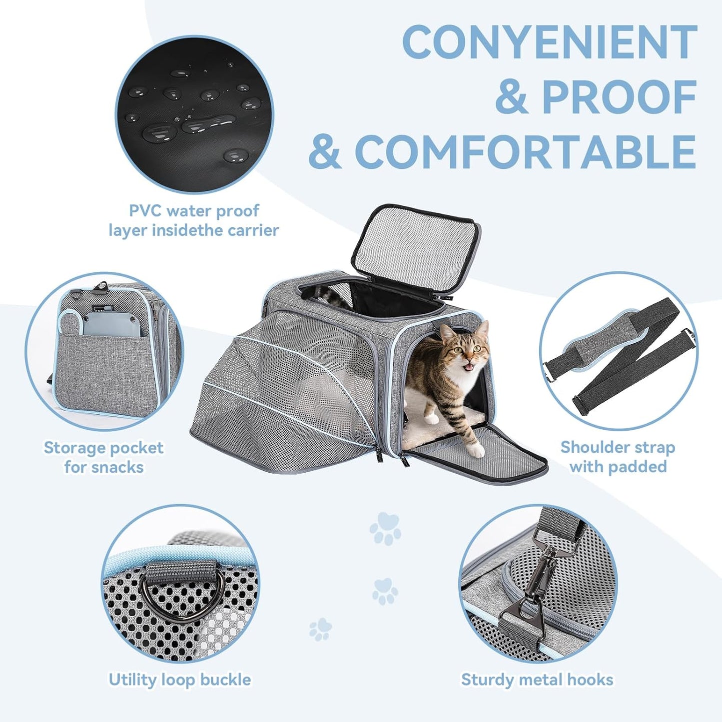 Petsfit Expandable Cat Dog Carrier Airline Approved, 17" L x 11" W x 11" H Soft-Sided Portable Pet Travel Carrier for Kitten, Puppy, Removable Soft Plush Mat and Pockets, Auto-Locking Zippers