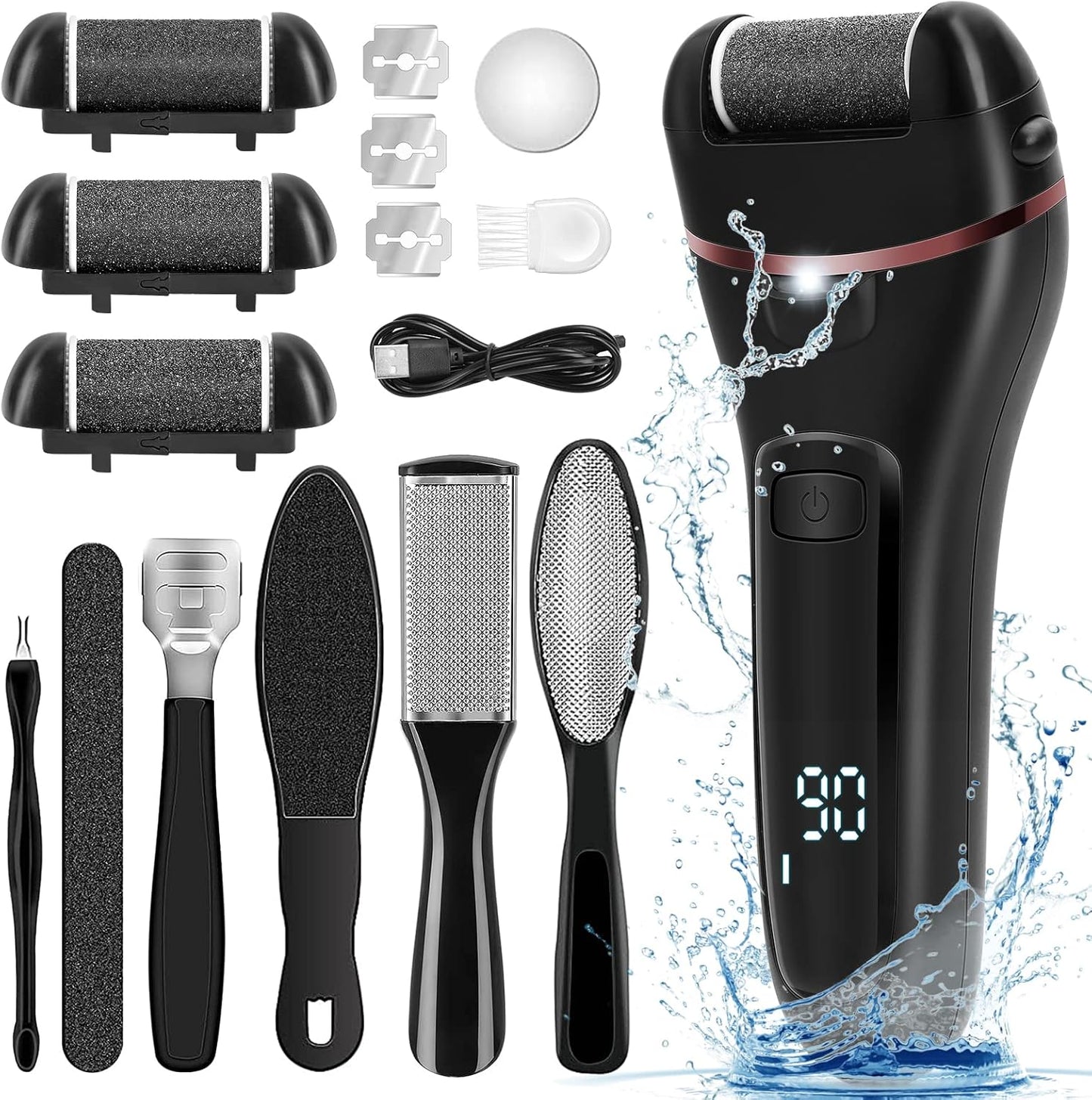 Electric Callus Remover for Feet, 2 Speed Electric Foot File, Rechargeable Foot Scrubber Pedicure kit for Cracked Heels and Dead Skin with 3 Roller Heads.