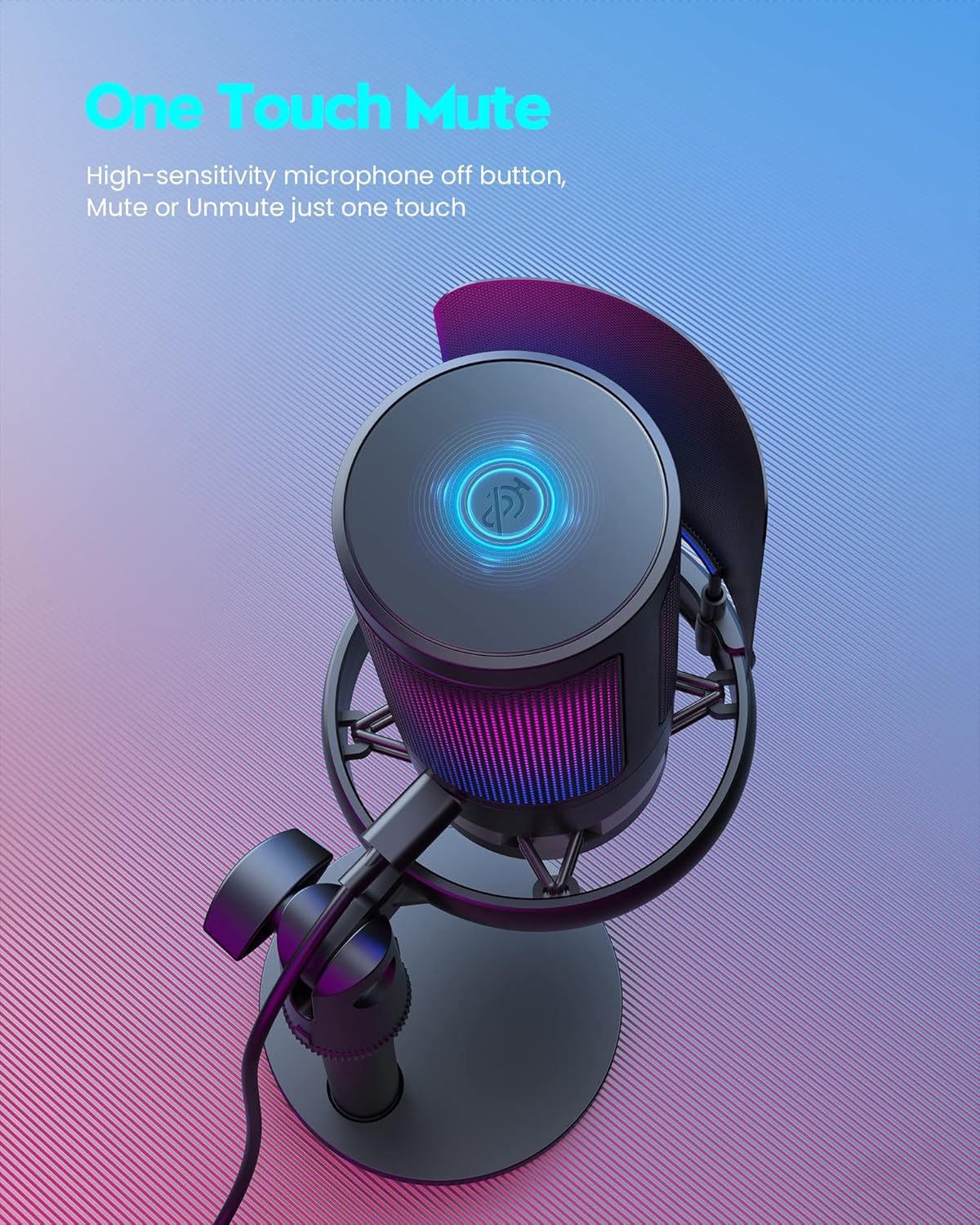 Gaming USB Microphone with RGB Lights, Cardioid Condenser Mic for Streaming, Podcasting, Video Production, PC, PS4/PS5 – Includes Tripod, Pop Filter, Shock Mount, Quick Mute, and Volume Control - PuriLite