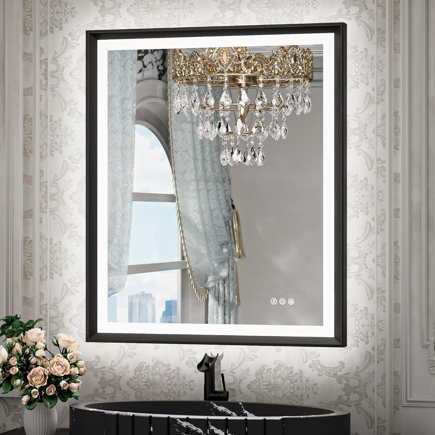 TETOTE 28x36 LED Mirror for Bathroom Black Metal Frame Frontlit & Backlit Lighted Vanity Mirror Baroque Gothic Anti Fog Stepless Dimmable White/Warm/Natural,Wall Mounted(Horizontal/Vertical)