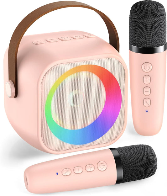 Mini Karaoke Machine for Kids Adults, Portable Bluetooth Speaker with 2 Wireless Microphone, Birthday Gifts for Girls Boys Ages 4, 5, 6, 7, 8, 9, 10, 12+ Years Old (Pinkcolor)