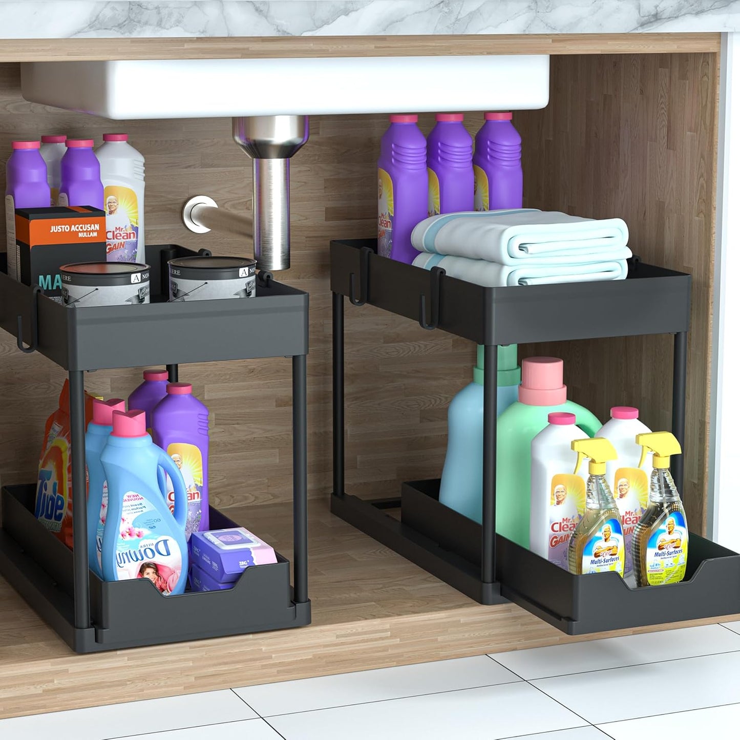 2-PACK Under Sink Organizers and Storage with Sliding Drawer，2-Tier Bathroom Under Sink Shelf Rack,Multi-Functional Cabinet Storage Space Saver For Kitchen/Bathroom/Bedroom/Office.