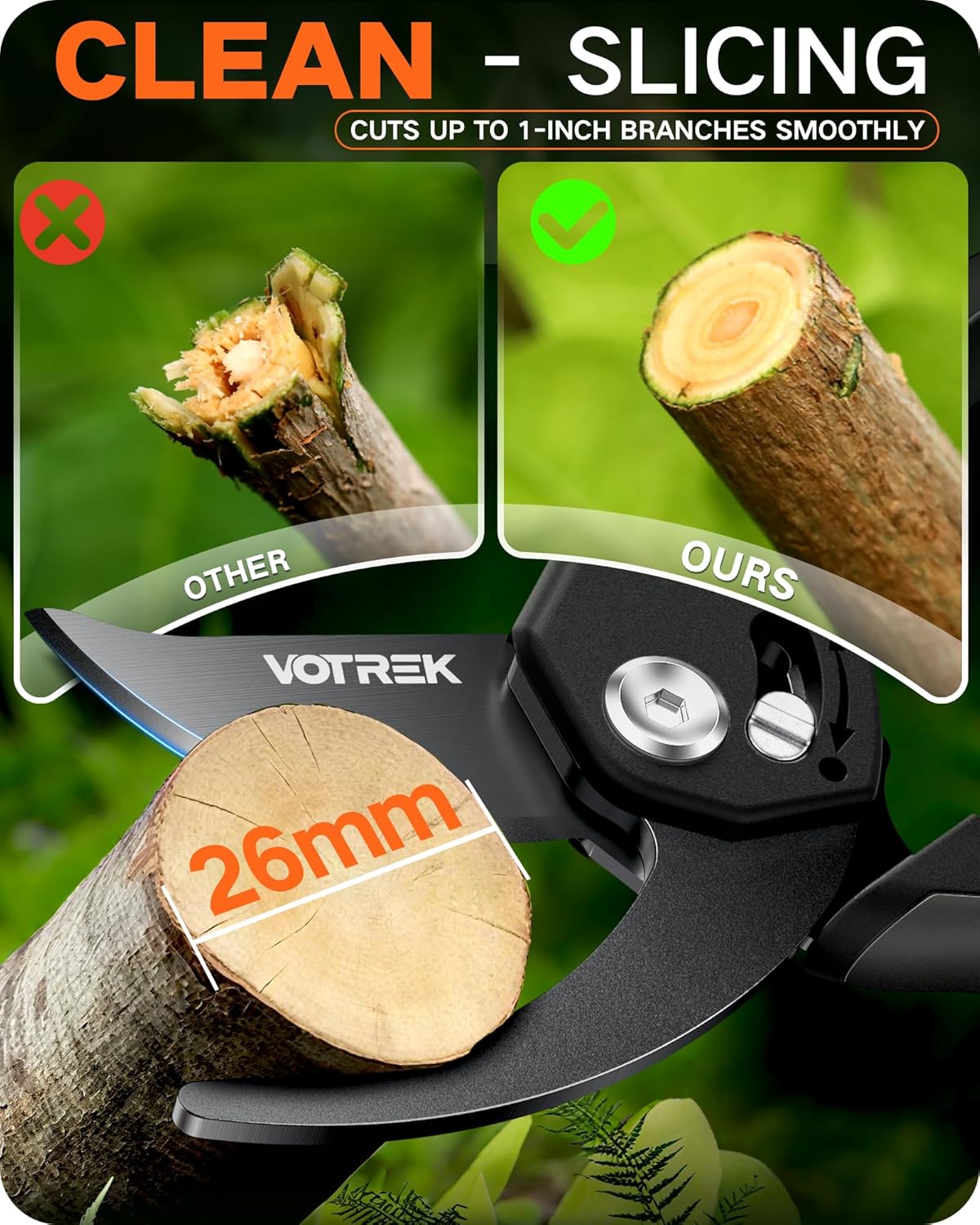 VOTREK Pruning Shears - 8.5" Heavy Duty Bypass Pruners for Gardening with Built-in Spring & SK5 Steel Blades - Ergonomic Adjustable Handle for All Hand Sizes, Garden Clipper Plant Scissors for Branch