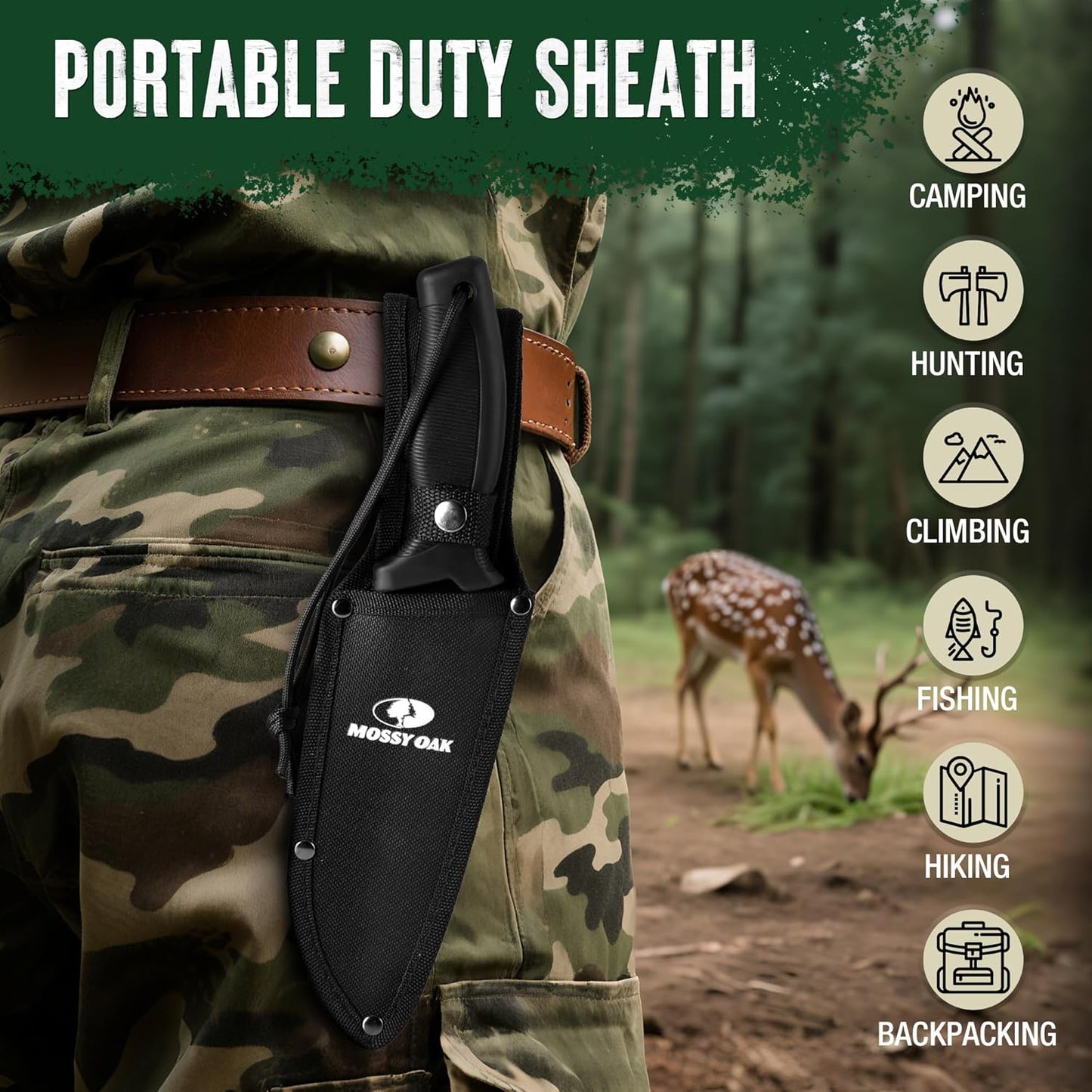Mossy Oak Survival Hunting Knife with Sheath, 11-1/2-inch Fixed Blade Tactical Bowie Knife, Premium Stainless Steel Blade for Camping, Outdoor, Bushcraft