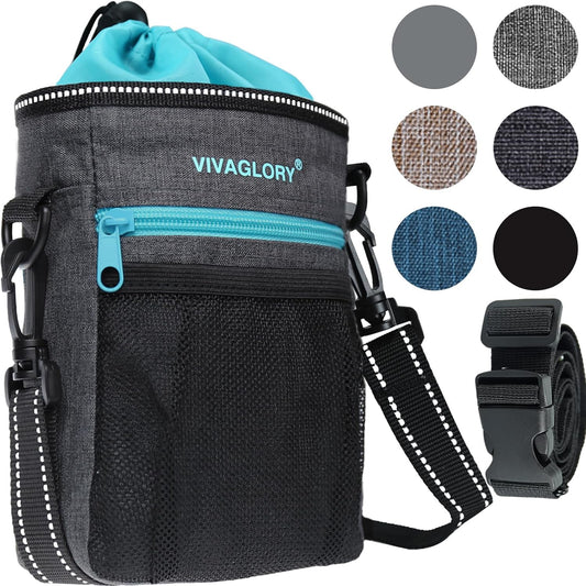VIVAGLORY Dog Training Treat Pouch, 4Ways to Wear Dog Treat Bags, Built in Dog Waste Bag Dispenser Treats Training Bags with Reflective Adjustable Shoulder Strap, Heather Black