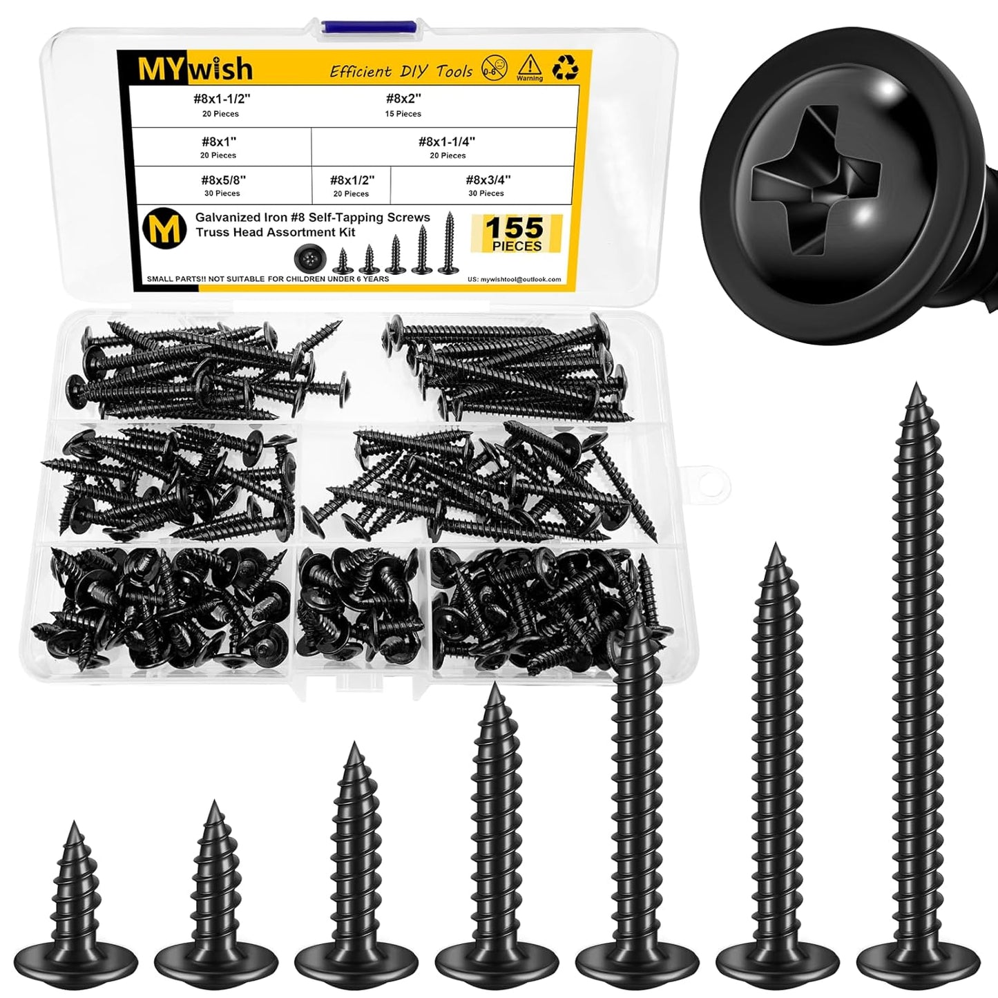 150Pcs #8 × 2" Black Screws for Wood, Phillips Truss Head Wood Screws, Quick Metal Self Tapping, Zinc Plated Steel, Truss Head Screws by Mywish
