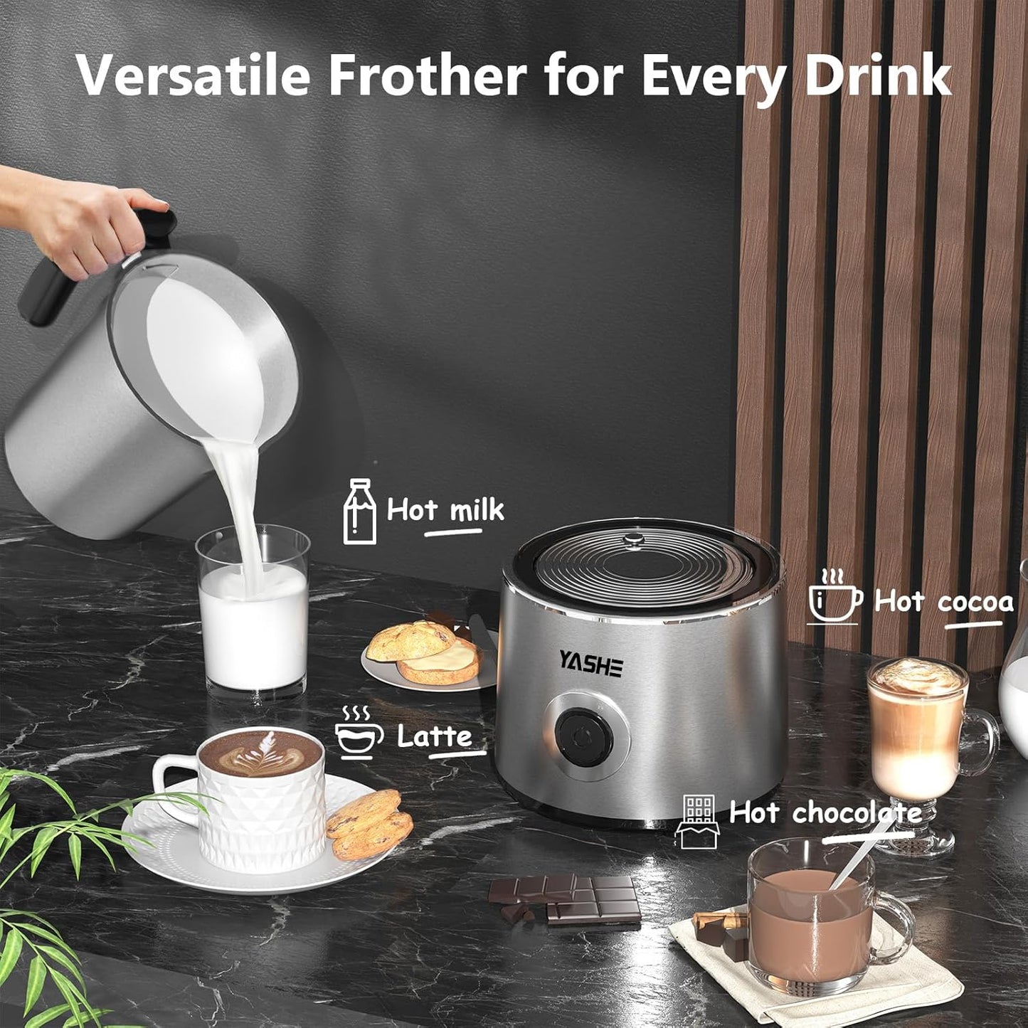 YASHE Milk Frother, 8.1 oz/240ml Milk Frother and Steamer, 4-in-1 Electric Milk Frother, Milk Steamer and Frother for Latte, Stainless Steel Milk Steamer, Easy Clean, Dense Velvety Foam