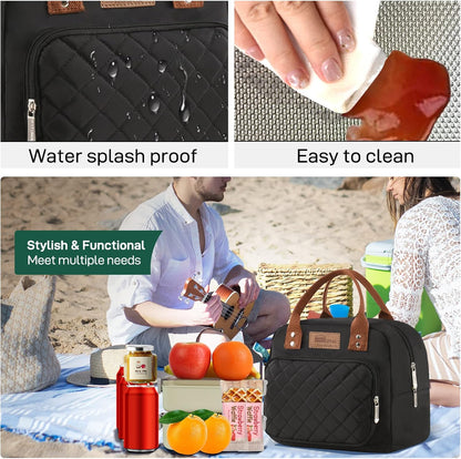 HOMESPON Lunch Bag for Woman Man Adults with Front Pocket Insulated Lunch Tote Lunch Box Container for Work Picnic or Travel(Black)