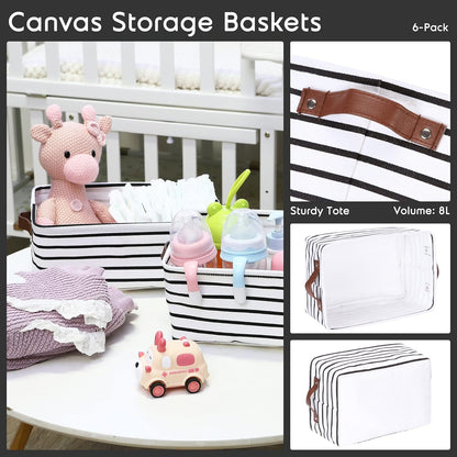Hinwo 6-Pack Small Canvas Fabric Storage Baskets Set with Handles, Open Storage Bins, Cube Storage Organizer, Shelf Organizer Bins for Closet, 7.9L, 12 x 8 x 5 Inches, Grey Stripe