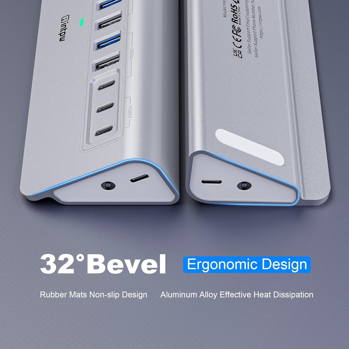 Powered USB Hub, Intpw 9-Port USB 3.2/USB C Hub with 10Gbps, 5*USB 3.0 + 45W PD Charging Ports, 3.3FT Cable and 65W Power Adapter, Aluminum USB Extender Hub for iphone16/ipad/Macbook/Laptop,PC