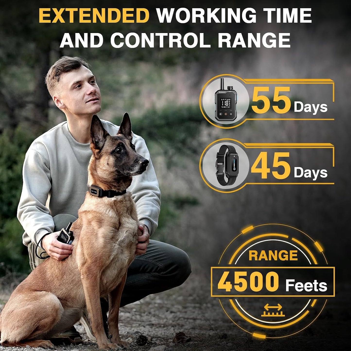 ABBIDOT Shock Collar - 4500ft Range Dog Training Collar, Super Mode, E-Clicker, Night Light, Safety Lock, Waterproof Rechargeable E Collar for Small Medium Large Dogs (Black, 1 Collar)