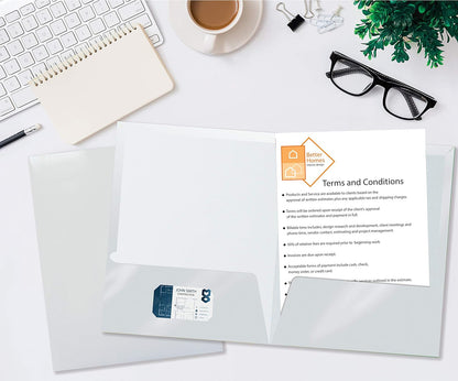 Better Office Products Lot de 25 chemises en papier blanc laminé brillant à 2 poches, format lettre, porte-documents en papier blanc, boîte de 25