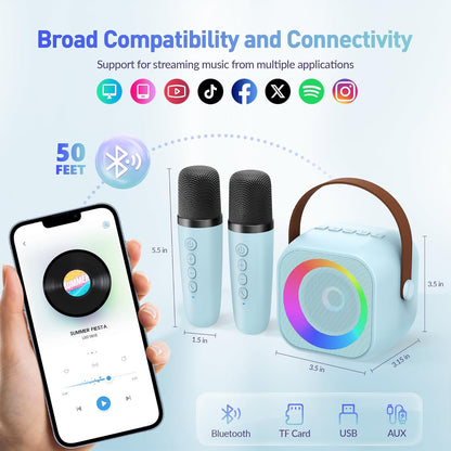 Mini Karaoke Machine, Portable Bluetooth Karaoke Speaker with 2 Wireless Microphones and Party Lights for Kids and Adults, Birthday Gifts for Girls Boys Family Home Party (Blue)
