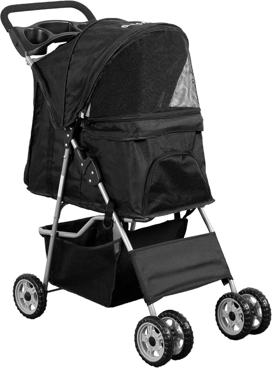 VIVO Black 4 Wheel Pet Stroller for Cat, Dog and More, Foldable Carrier Strolling Cart (STROLR-V001K)