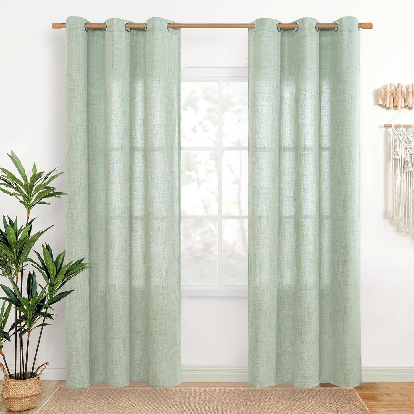 YoungsTex Natural Linen Curtains 84 Inch Long for Living Room Bedroom Grommet Top Light Filtering Privacy Linen Textured Window Semi Sheer Drapes, 2 Panels, 52x84 Inch, Natural