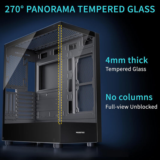 MUSETEX PC CASE ATX 6 PWM ARGB Fans Pre-Installed, Type-C Mid Tower Computer Case with Full-View Dual Tempered Glass, Gaming PC Case,Black(K2) - PuriLite