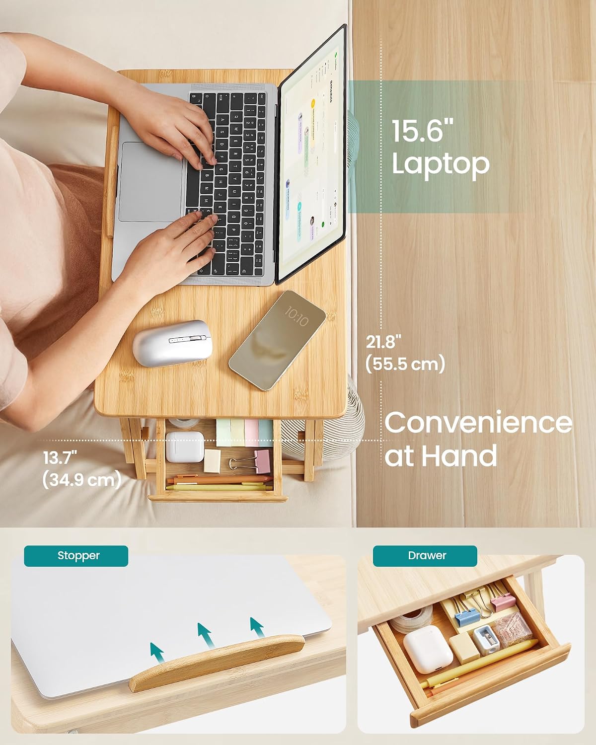 SONGMICS Laptop Desk for Bed or Sofa with Tilting Top, Breakfast Serving Tray with Folding Legs, Fits up to 15.6 Inches Screen, (24-26.9) x 13.7 x (8.8-12.6) Inches, Natural ULLD01N