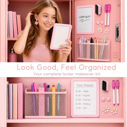 Magnetic Locker Accessories Set, Pink School Supplies, Dry Erase Whiteboard, Mirror, Mesh Pencil Holder, Marker Pen, Magnets, Back to School Essentials, Locker Decorations for Girls, 10 Pcs