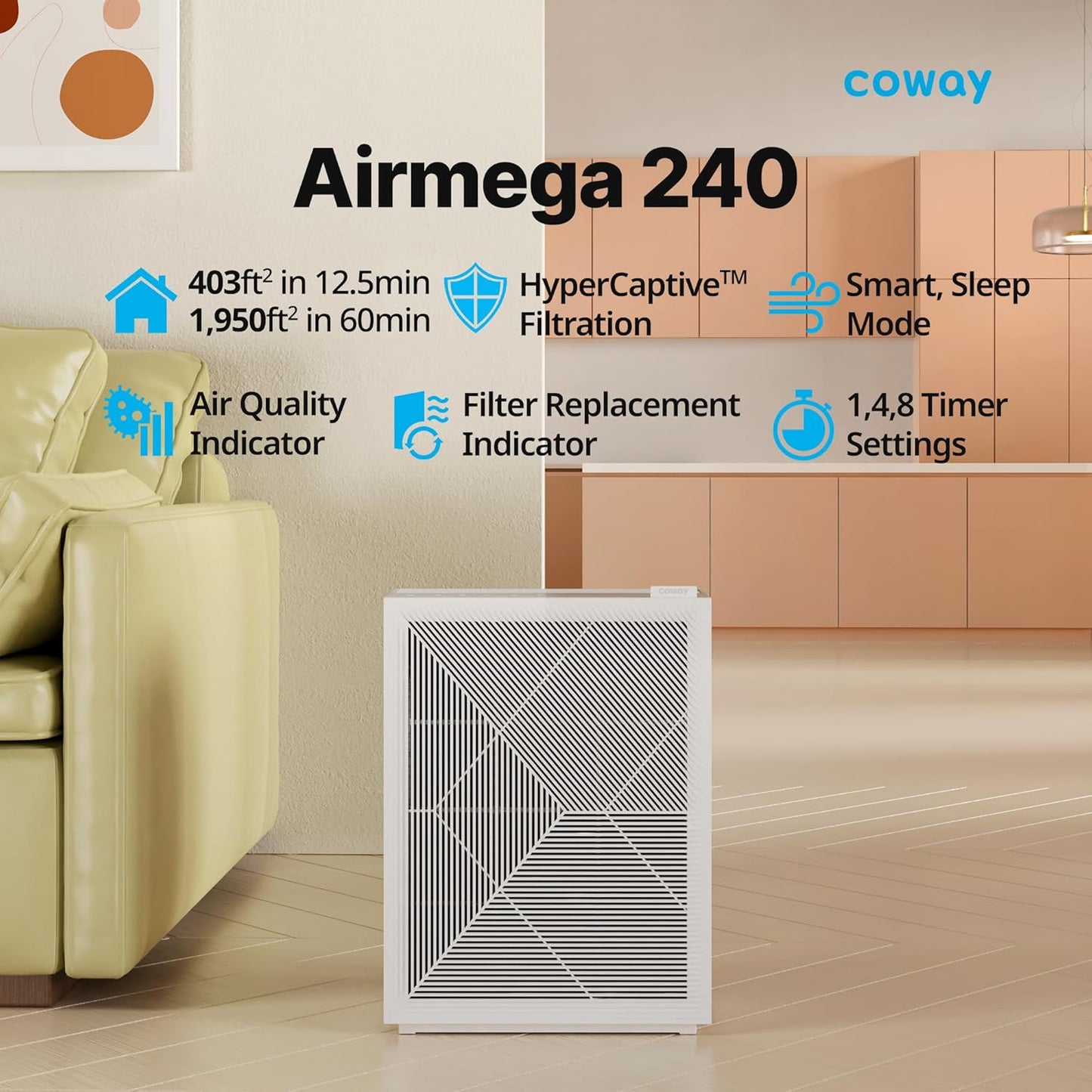 Coway Airmega 150 True HEPA Air Purifier with Air Quality Monitoring, Auto Mode, Filter Indicator, Dove White