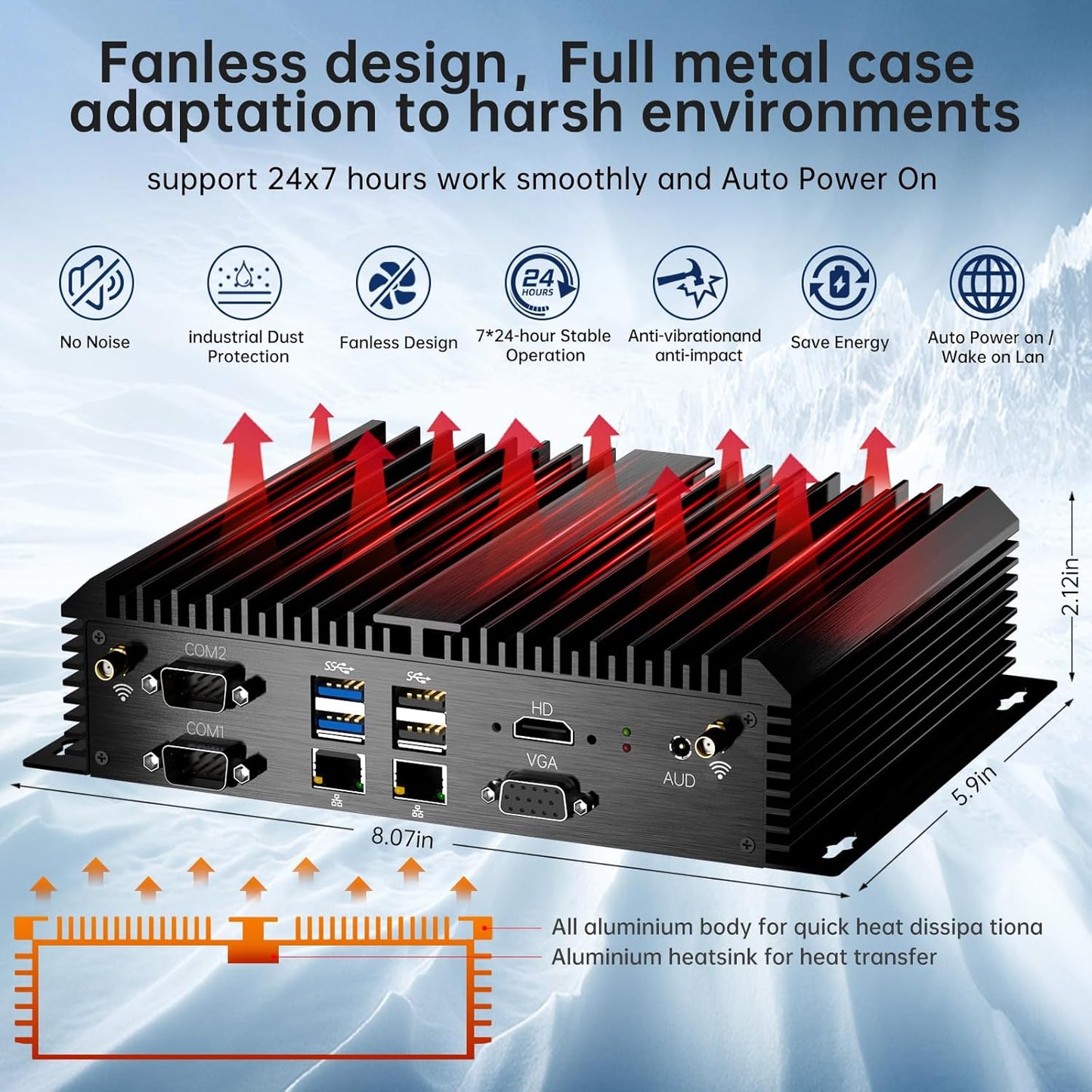 Kinupute Industrial Mini PC, Fanless Desktop Computer Core i7-1165G7 2.8-4.7GHz, Windows 11 Pro, 16G DDR4 RAM, 256G SSD, VGA/HDMI 4K@60Hz, 2x2.5G LAN Ports, 6xCOM RS232, 4G Module, WiFi6/BT5.1