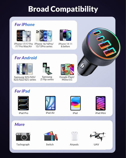 Car Charger USB C, 4-Port 90W Super Fast Charging Car Phone Charger Accessories Dual USB-C & USB-A Cargador Carro Cigarette Lighter Adapter for iPhone 17 16 15 14 13 12, iPad, Galaxy, Tablet, Android