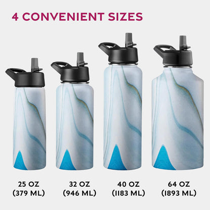 FineDine Water Bottle - Stainless Steel Insulated Water Bottle with Straw Lid, Flip Lid & Wide-Mouth Cap - Keeps Hot and Cold - 25 Oz / 739ml - Pure Pearly White
