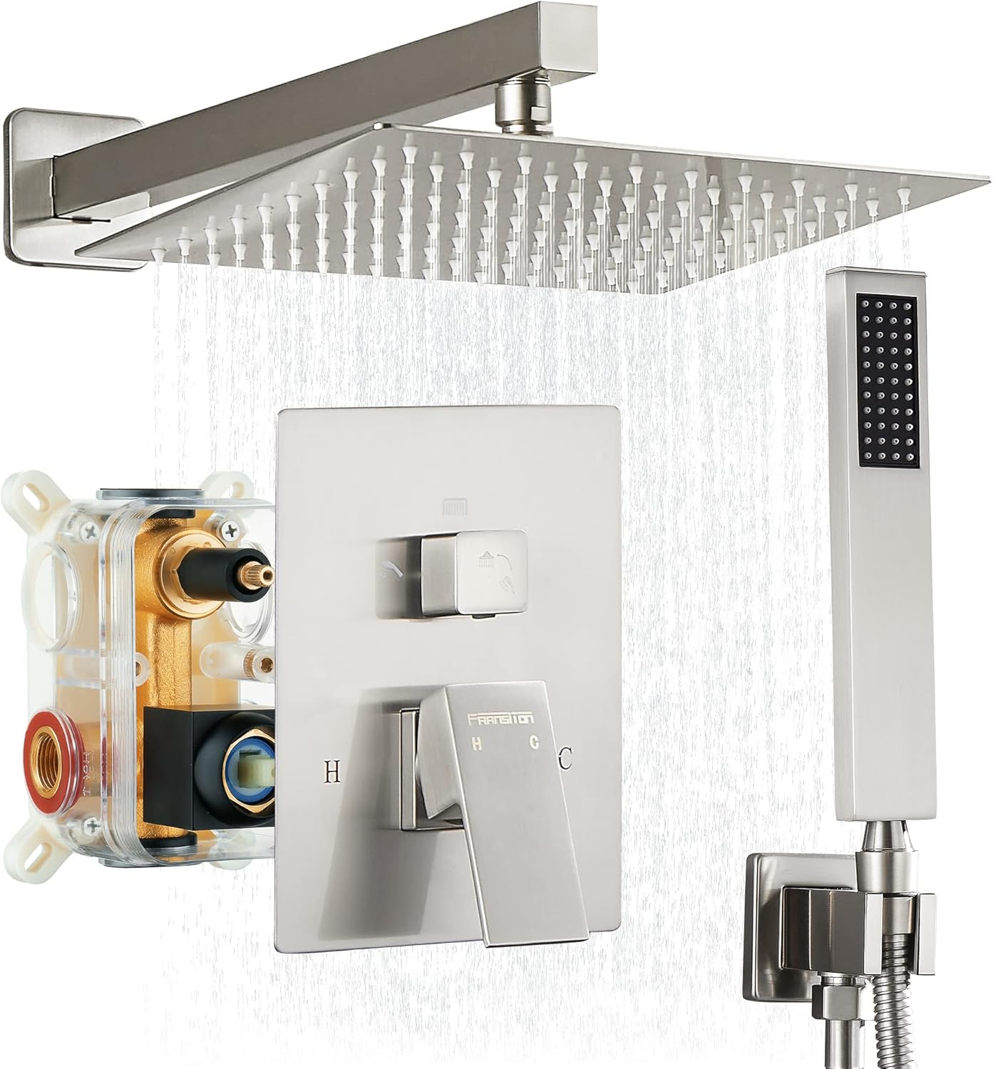 Fransiton Shower System Rain Shower System Set Ceiling Mounted, Rainfall Shower Head with Handheld, Bathroom Shower Kit (Valve Included) (8" - Wall Mount, Matte Black)