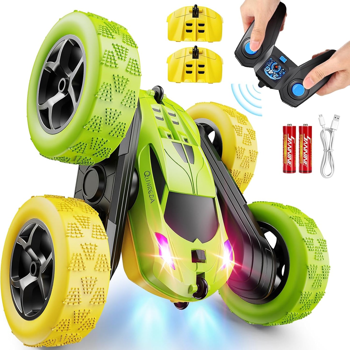 QUNREDA Remote Control Car for Kids Ages 6+, RC Cars Stunt Car Toy 4WD Double Sided 360° Rotating Remote Control with Headlights, Birthday Xmas Gifts for Boys 6 7 8 9 10 11 12 1-Blue