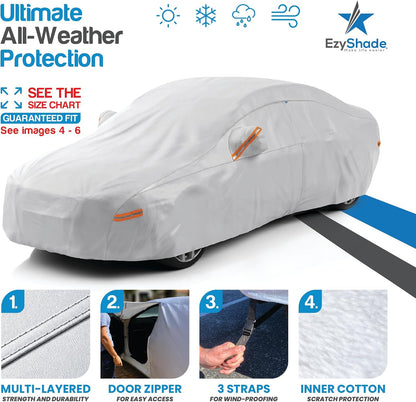 EzyShade 10-Layer Car Cover Waterproof All Weather - See Vehicle Size-Chart - Car Covers for Automobiles & Car Snow Cover - Full Exterior Covers - Winter Rain Sun SUV Sedan. Size A4 (See SizeChart)