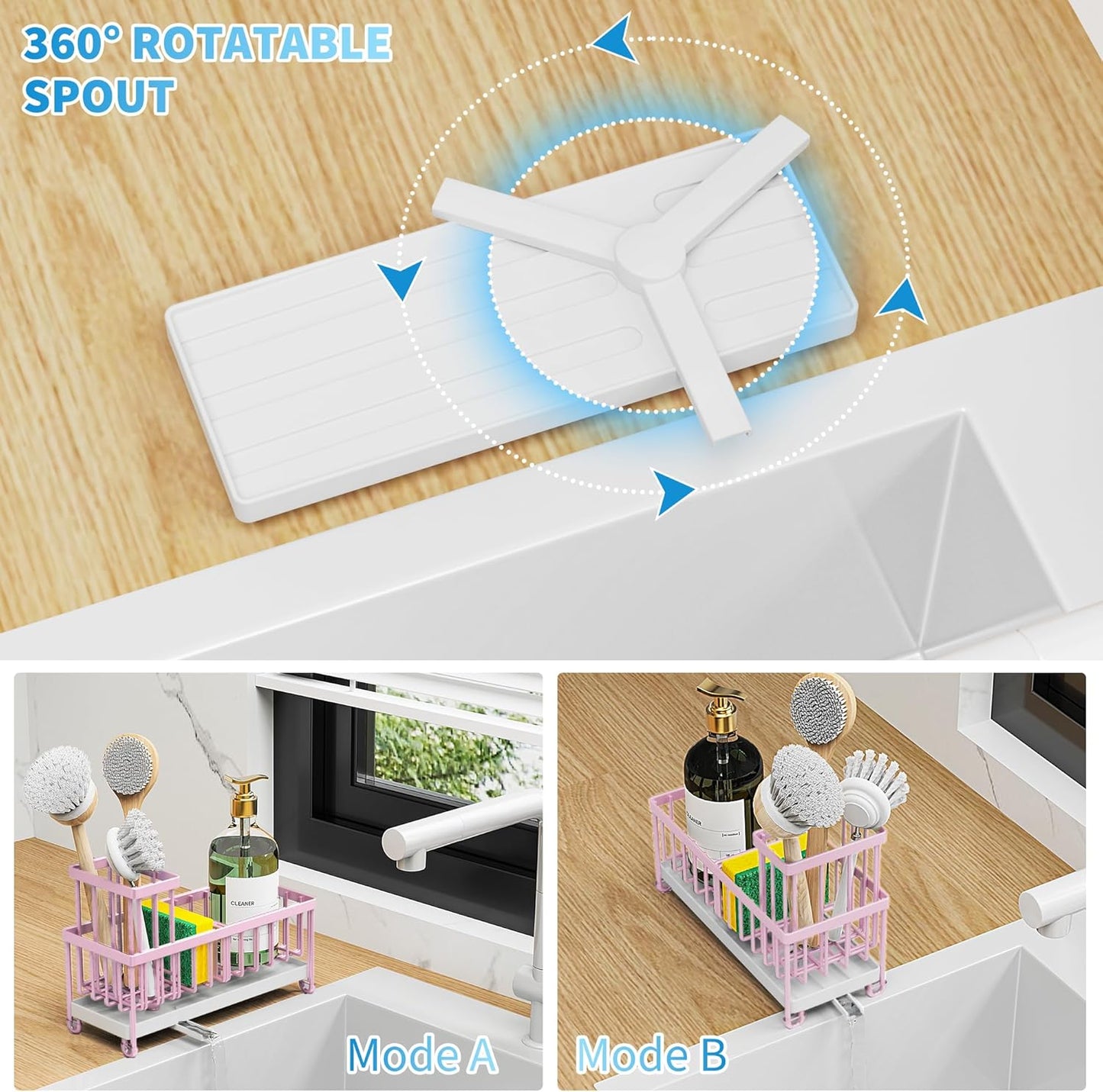 Cisily Sponge Holder for Kitchen Sink, Sink Caddy with High Brush Holder, Organzier Rustproof 304 Stainless Steel Dish Organizer Divider, Soap Dispenser Storage (Black)