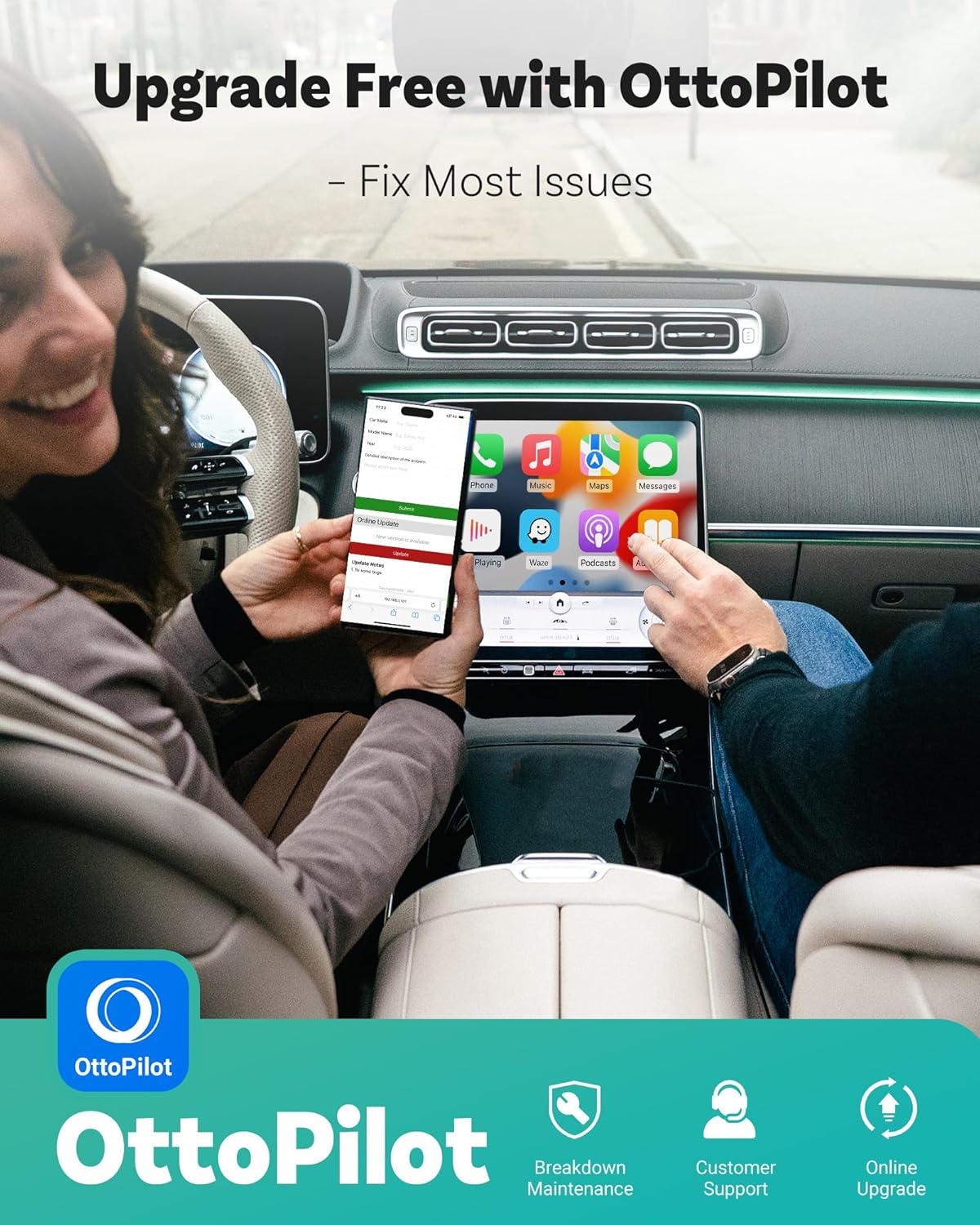 OTTOCAST Mini 2025 Wireless CarPlay & Android Auto 2-in-1 Adapter, Plug & Play, 5GHz WiFi, Auto Connect for iPhone & Android, Fits 98%+ OEM Wired CarPlay Cars (Green)