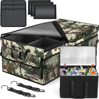 FORTEM Car Trunk Organizer, Collapsible Multi Compartment Car Organizer, Foldable SUV Storage for Car Accessories for Women Men, Non Slip Bottom, Securing Straps, Soft Cover 50L (Black, Standard)