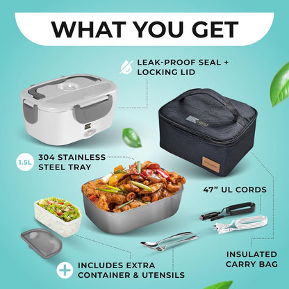FORABEST Electric Lunch Box Food Heater 80W 1.5L Stainless Steel Heated Lunch Box for Men & Women, Universal 12/24/110/220V Self Heating Lunch Box for Car, Truck & Work, Portable Food Warmer lunch box