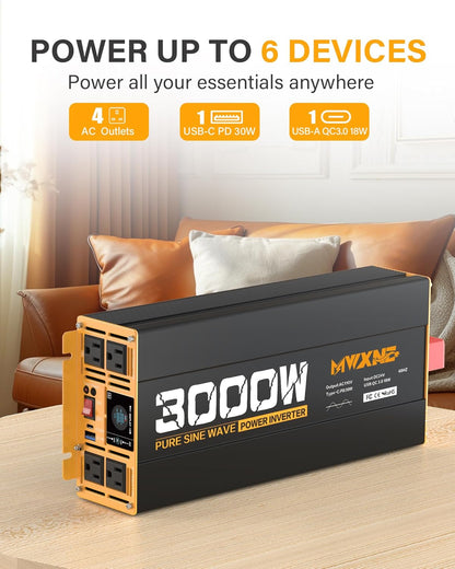 MWXNE 2000W Pure Sine Wave Inverter 12V DC to 110V 120V AC Car Converter for RV Truck Off-Grid Solar Power Inverter with 4 AC Outlets, USB/Type-C Fast Charging Ports, LCD Display, Remote Control