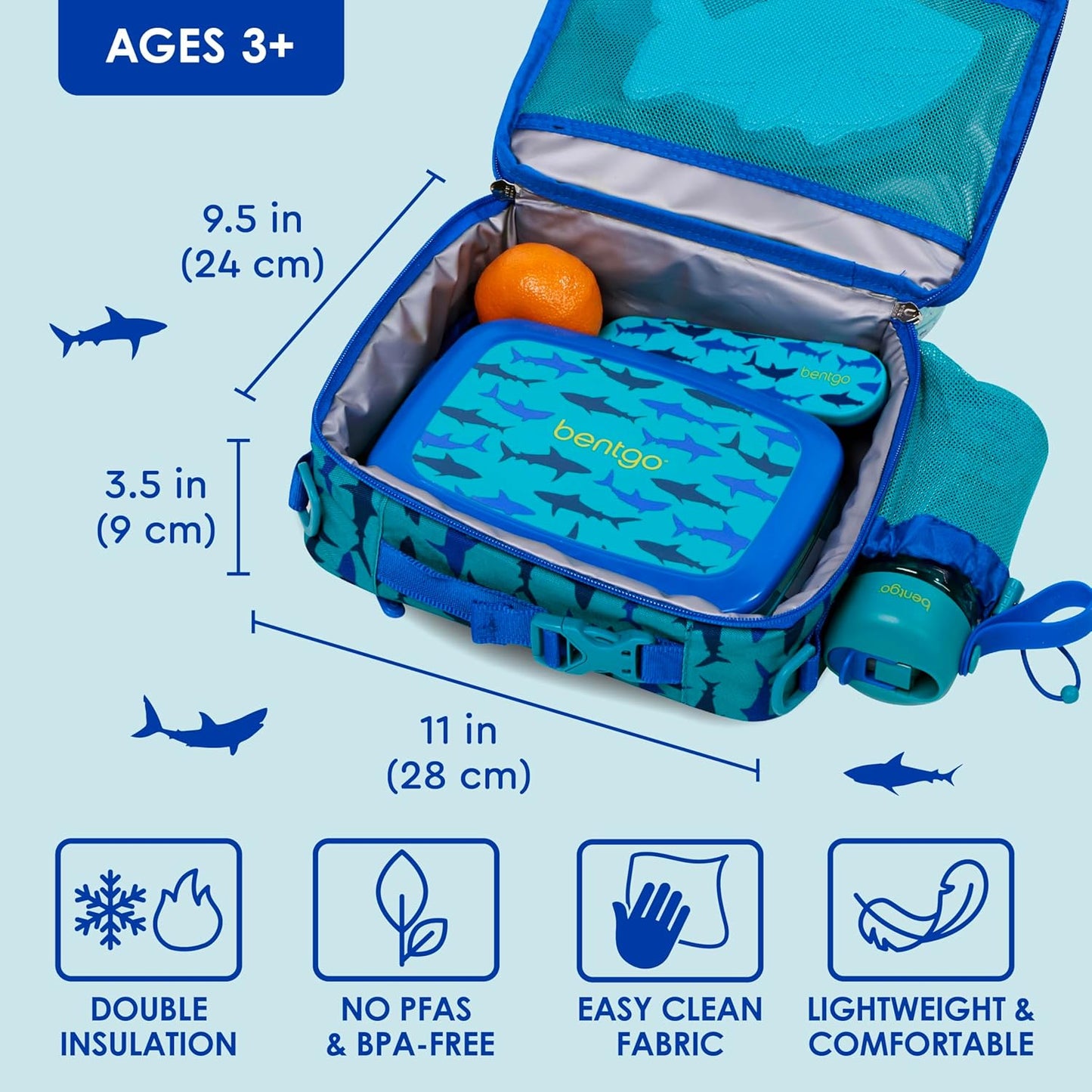 Bentgo® Kids Lunch Bag - Durable, Double Insulated, Water-Resistant Fabric, Interior & Exterior Zippered Pockets, Water Bottle Holder - Ideal for Children 3+ (Shark)