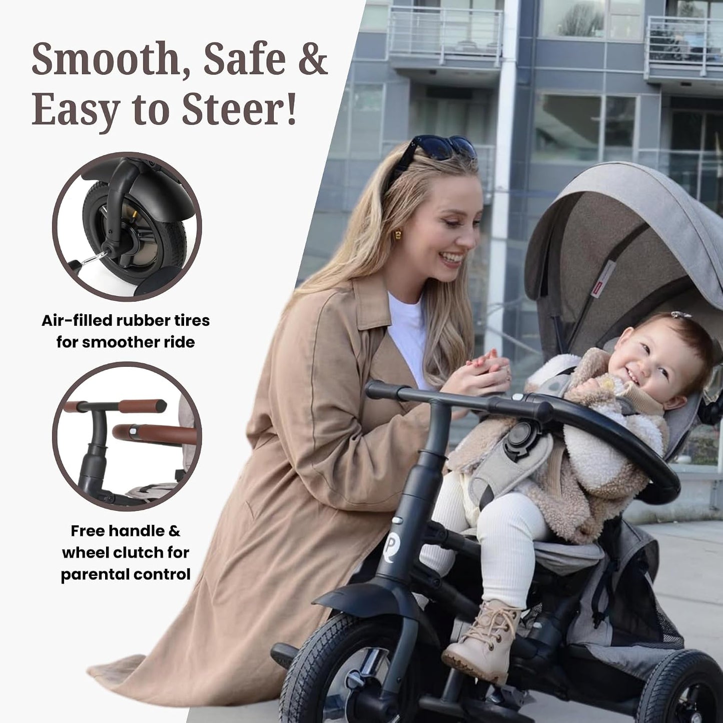 QPlay Rito Tricycle with Easy Folding Design | Portable, Compact, Air-Filled Tires | Parent-Controlled Push Trike for Kids 10 Months to 4+ Years | Premium Edition | Glacier Gray