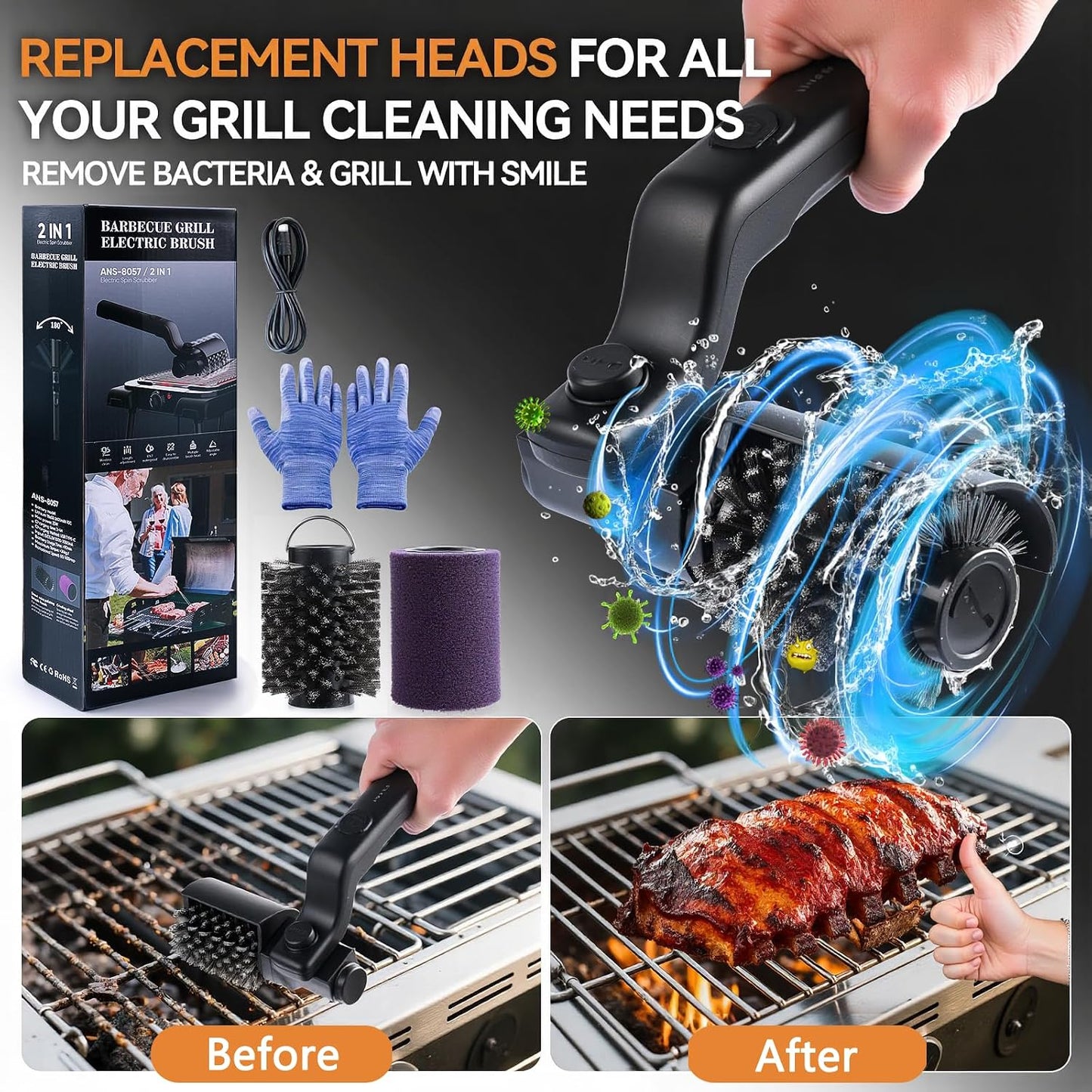 Electric Grill Cordless Cleaning Brush, Upgraded AS SEEN ON TV! BBQ Barbecue Scrubber, High Torque 25W Motor & MAX 400RPM, Dual Heads & Splash Guard, Price 59.97 for Genuine Product！