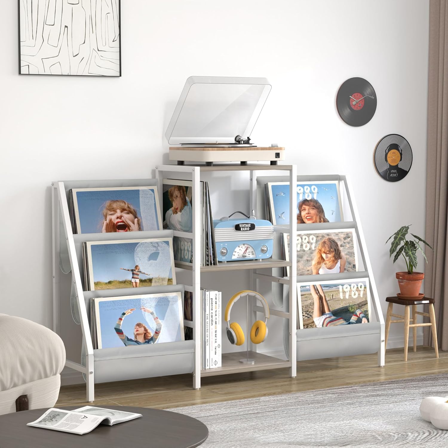 Record Player Stand with Vinyl Storage, Record Player Table with Record Storage 200 Albums, Turntable Stand with Record Holder Vinyl Display Shelf, Record Cabinet Media Stereo (White) - PuriLite