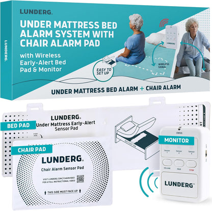 Lunderg Undermattress Bed Alarm for Elderly Adults & Chair Alarm Set - Wireless Early-Alert Mattress Pad, Chair Pad & Pager - Bed Alarms and Fall Prevention for Elderly and Dementia Patients