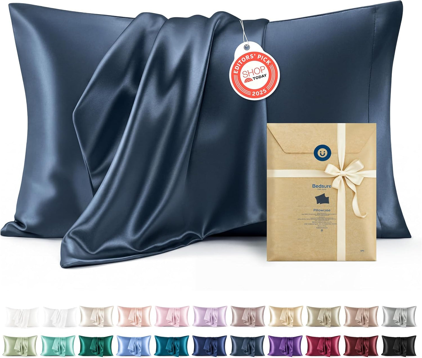 Bedsure Satin Pillow Case Queen Size 2 Pack, Similar to Silk Pillow Cases, Silky Pillowcase Covers with Envelope Closure, Room Decor Valentine Gifts for Women Men, Grey, 20x30 Inches