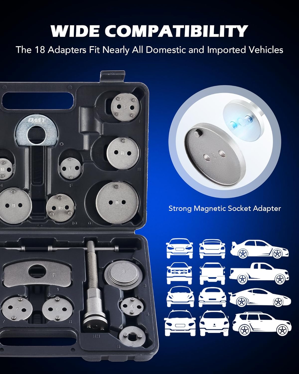 Orion Motor Tech 24pc Brake Caliper Compression Tool Set, Heavy Duty Brake Piston Compressor and Wind Back Tool Kit for Brake Pad Replacement, Universal Disc Brake Caliper Set with Blue Case