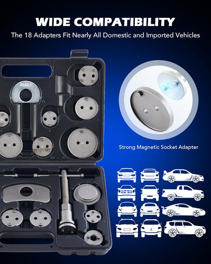 Orion Motor Tech 24pc Brake Caliper Compression Tool Set, Heavy Duty Brake Piston Compressor and Wind Back Tool Kit for Brake Pad Replacement, Universal Disc Brake Caliper Set with Blue Case