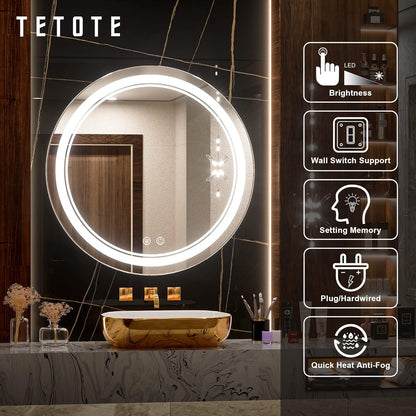 TETOTE 28 Inch Round LED Bathroom Vanity Mirror, Anti-Fog Dimmable Lights IP54 Waterproof Circle Makeup Wall Mounted Mirror