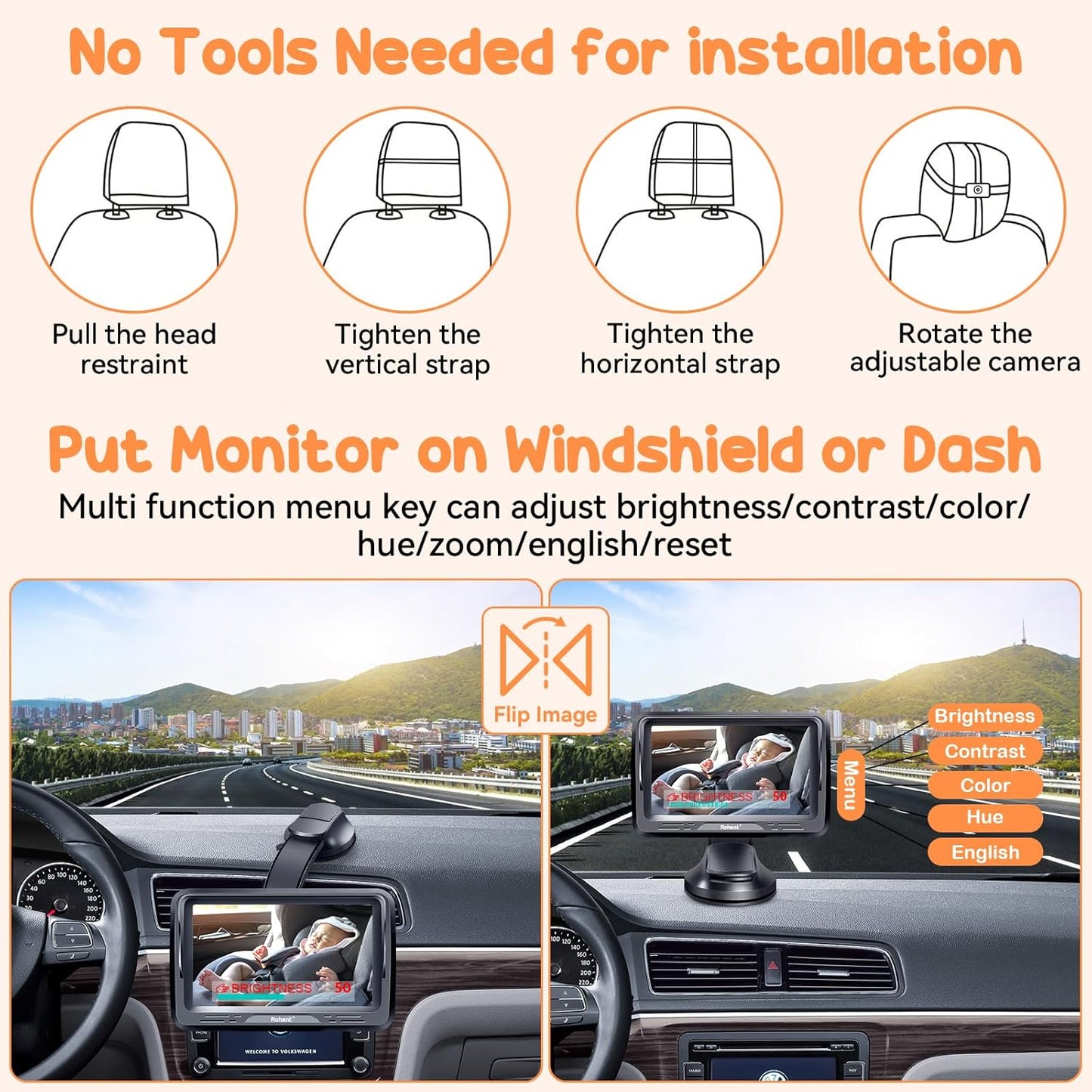 Rohent Baby Car Camera HD 1080P - Rear-Facing Infant Monitor with Night Vision Car Camera for Baby 150° Wide-Angle Lens Anti-Glare Screen Easy Install 360° Adjustable Display