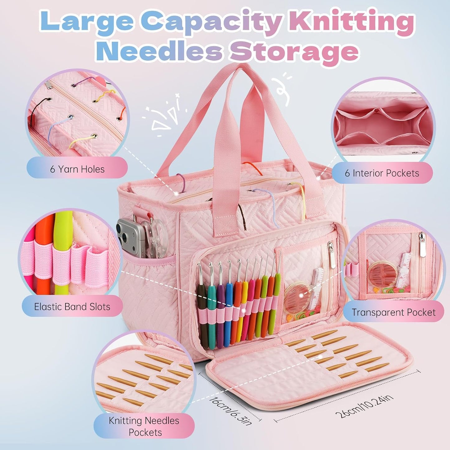 Dadanism Crochet Bag Organizer, Yarn Bag and Tote with Handle & Shoulder Strap, Yarn Storage with Multiple Pockets for Crochet Supplies, Portable Knitting Bag for Gifts/Crochet Lovers, Pink